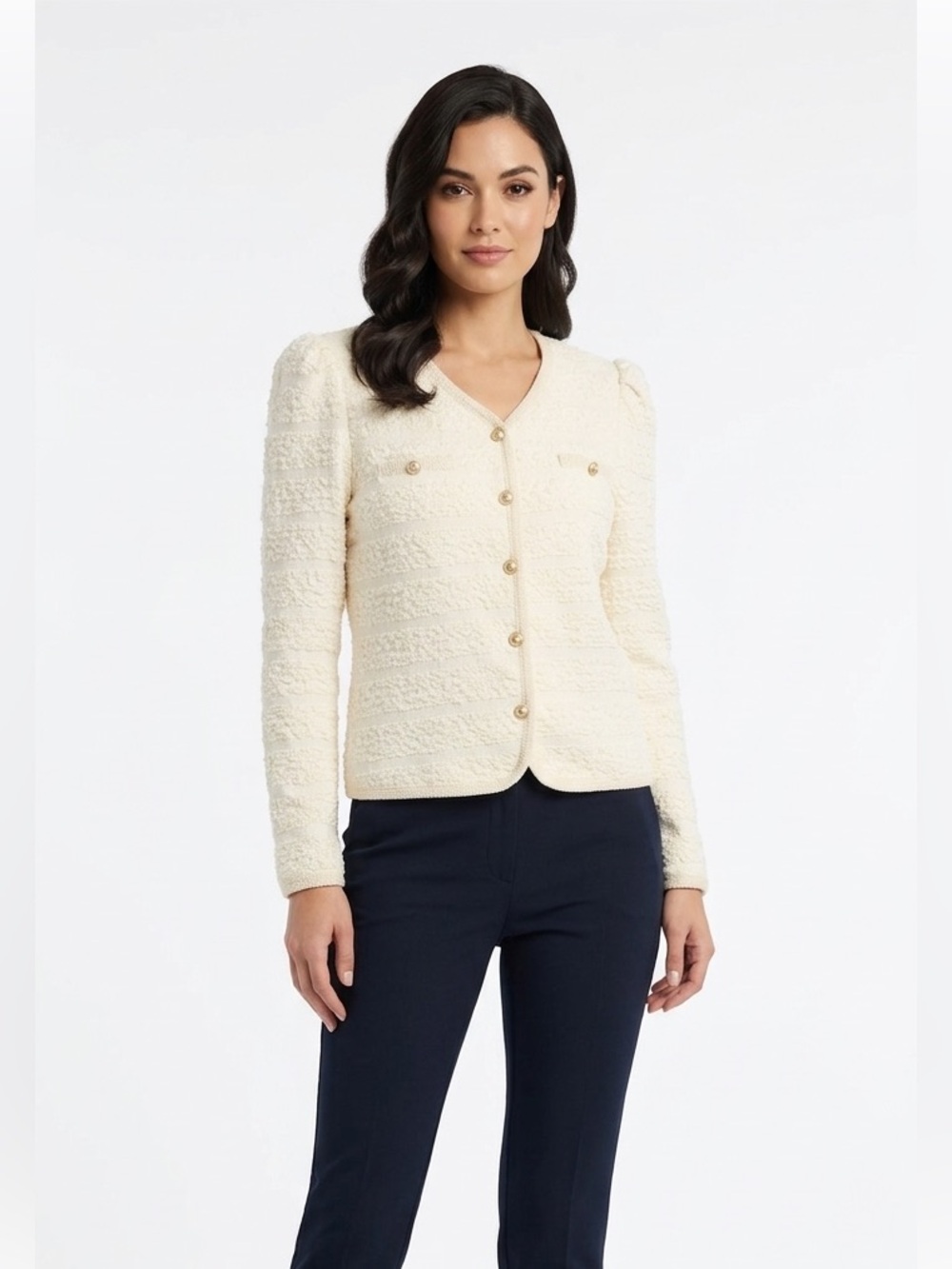 Cleo Cream Women's Textured Bouclé Jacket Gold Details Size Medium